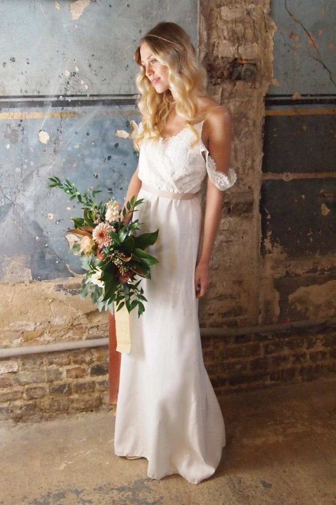 chiffon spaghetti strap wedding dress Spaghetti Strap Beaded Country Wedding Dress Ivory Chiffon Rustic Wedding Dress AWD1235
