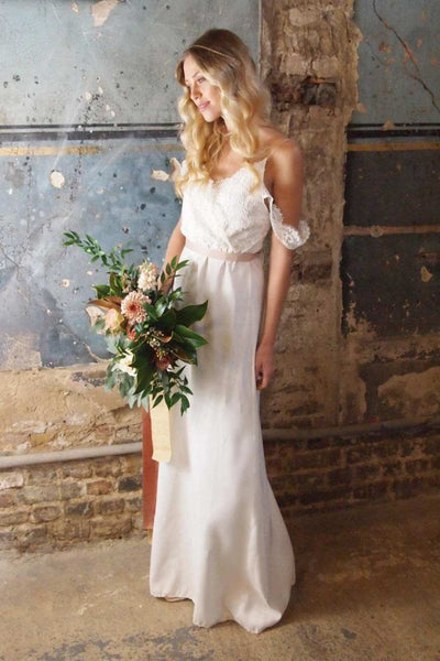 Casual Sheath Chiffon Spaghetti Wedding Dress With Lace Top-715259