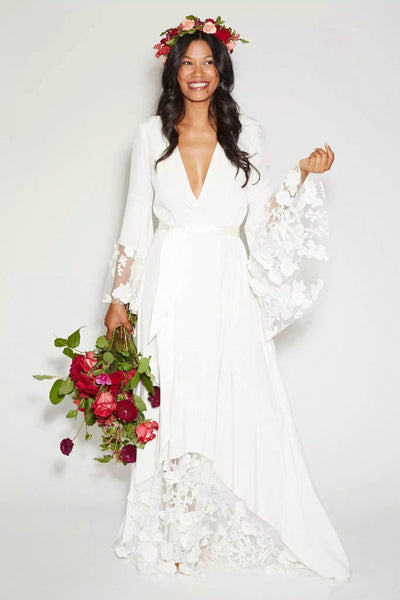 Simple Bohemian Long Sleeves Deep V Neck Hippie Beach Wedding Gown-Z715303