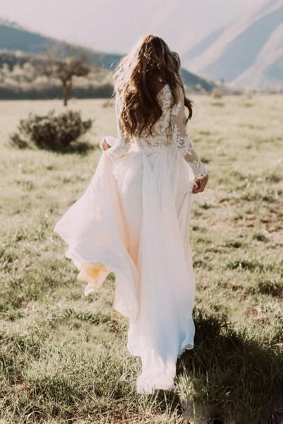 Bohemian Lace Long Sleeves Floor Length A Line Applique Chiffon Boho Bridal Gowns-715305