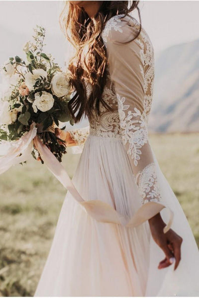 Bohemian Lace Long Sleeves Floor Length A Line Applique Chiffon Boho Bridal Gowns-715305