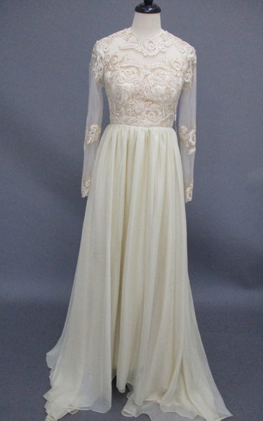Bohemian Lace Long Sleeves Floor Length A Line Applique Chiffon Boho Bridal Gowns-Z715305