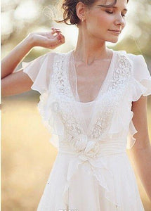 Bohemian Pearls Deep V Neck Backless Flower Beading Sheer Sleeve Pleats Chiffon Wedding Dress-715312