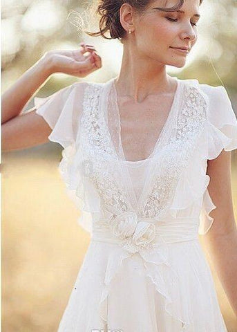 Bohemian Pearls Deep V Neck Backless Flower Beading Sheer Sleeve Pleats Chiffon Wedding Dress-715312