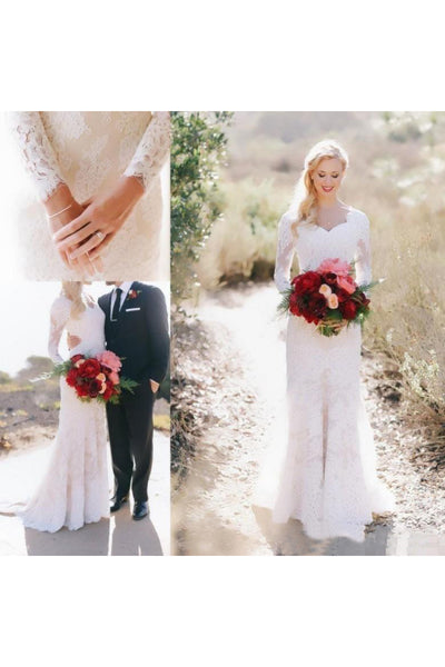 Lace Long Sleeve Country V-neck Elegant Garden Wedding Dresses-715316