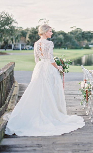 3 4 Long Sleeve Open Back Vintage Lace Pearls V-Neck Wedding Dresses-715317
