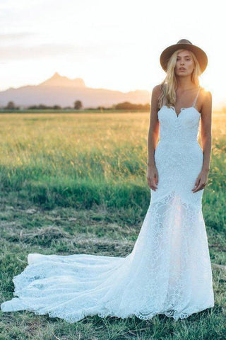 A Line Bohemian Low V Back Full Lace Beach Garden Bridal Gowns-715318