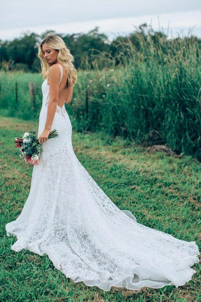 A Line Bohemian Low V Back Full Lace Beach Garden Bridal Gowns-715318
