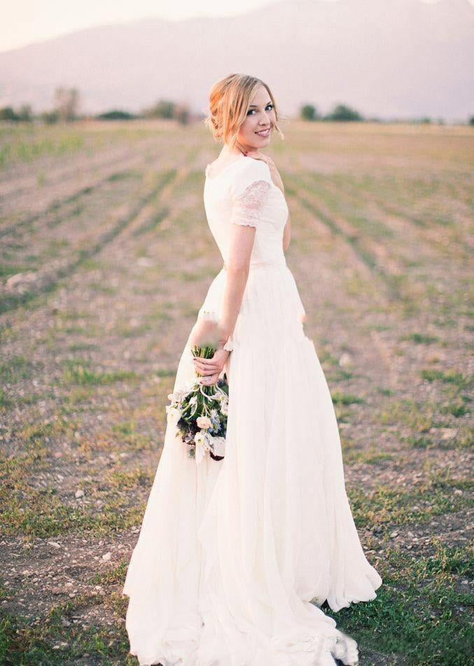 Simple Country A Line V Neck Short Sleeves Lace Wedding Gown-715329 –  DorrisDress