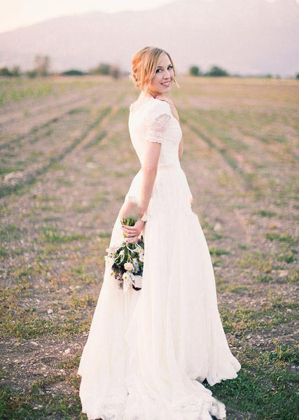 Simple Country A Line V Neck Short Sleeves Lace Wedding Gown-715329