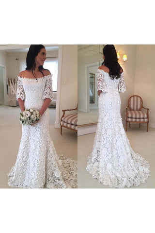 Vintage Bohemian Off The Shoulder Half Long Sleeves Lace Bridal Gown-715345