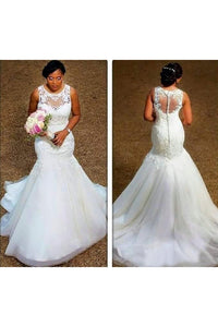 Elegant Sheer Neck Appliques Lace Plus Size Illusion Back Mermaid Wedding Dress-715354
