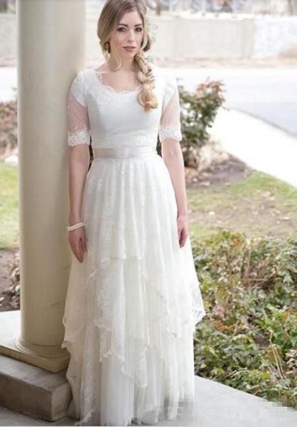 Modest Country Tulle Scoop Neck Short Sleeve Wedding Dress-715358