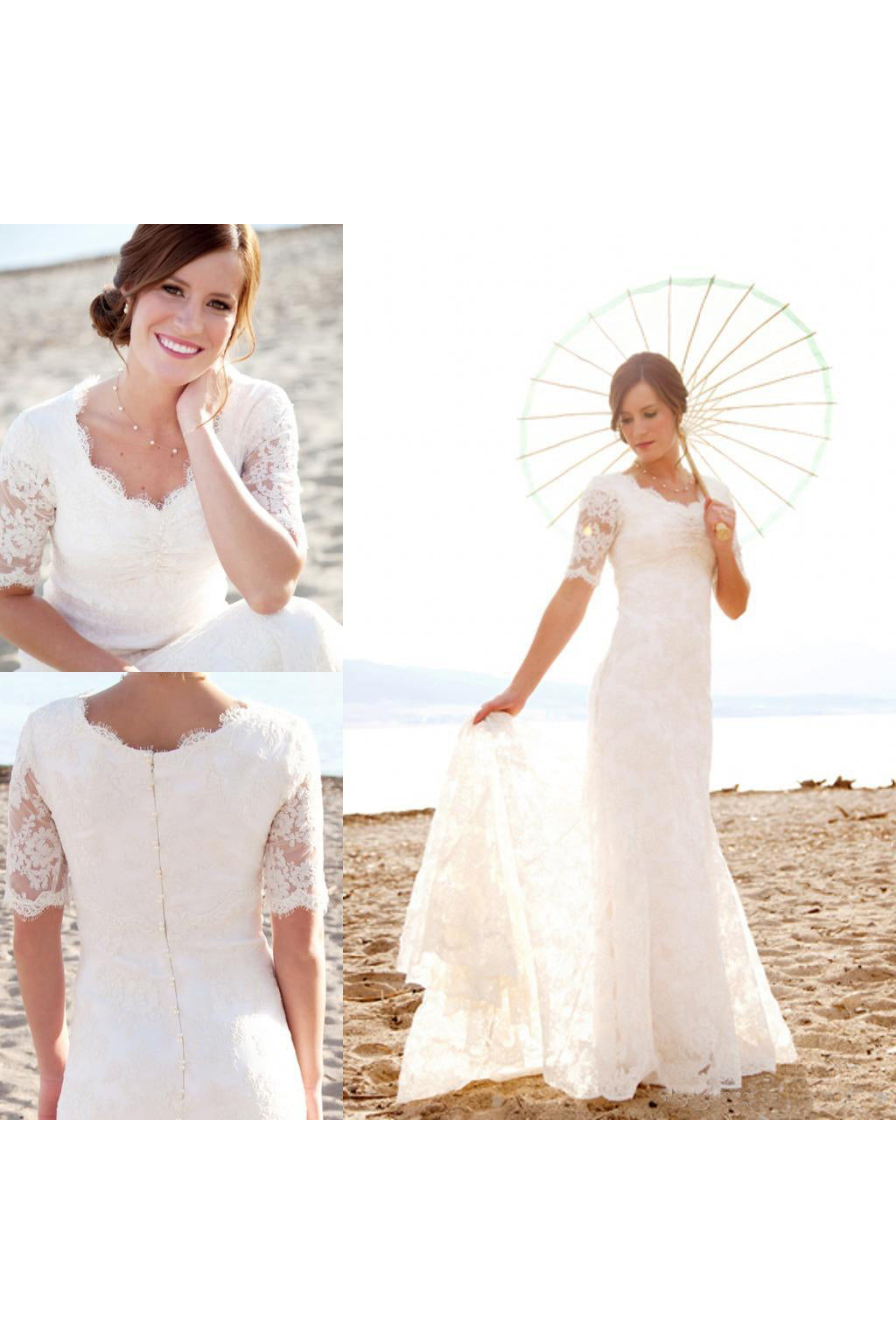 Modest Short Sleeves Beach Garden Elegant Lace Mermaid Bridal Gown with Pearls-715359