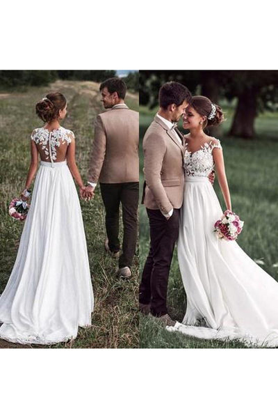 Lovely Simple Beach Lace Appliqued Cap Sleeves Chiffon Wedding Dress-715361
