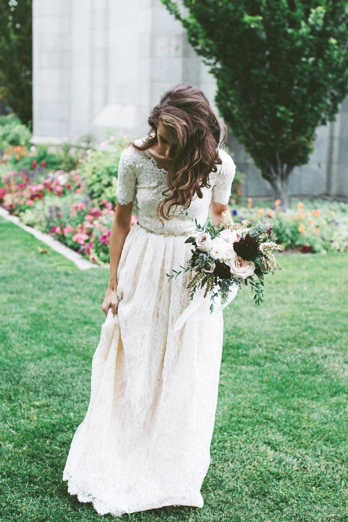 Short Sleeves Modest A-line Floor Length Boho Lace Bridal Gown with Zipper Back-715365 Short Sleeves Modest A-line Floor Length Boho Lace Bridal Gown with Zipper Back-715365