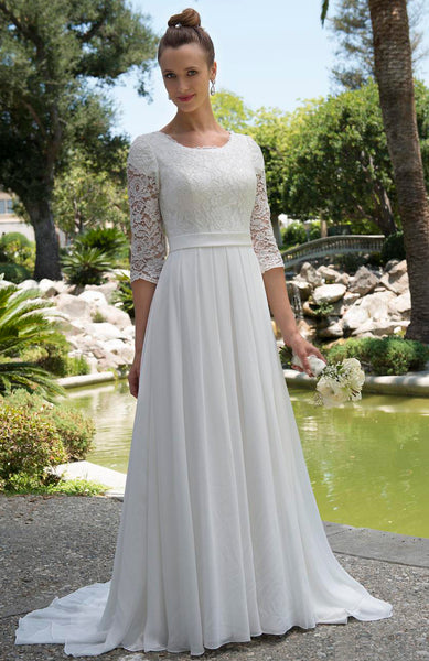 Informal Modest Beach Scoop Neck Lace Chiffon Wedding Dress With 3-4 Sleeves-715366