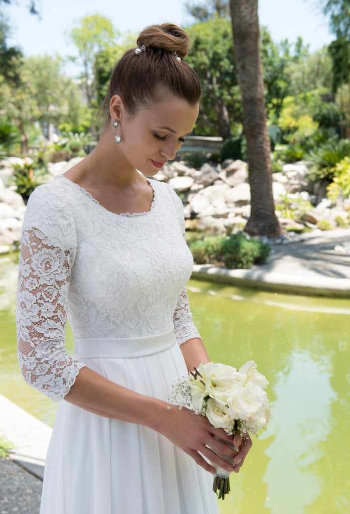 3 4 sleeve chiffon wedding dress 3/4 Sleeves Lace Top Long Chiffon Beach Wedding Dresses Ivory Country Bridal Dress AWD1264