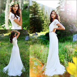 Vintage Country Modest Cap Sleeve Bohemian Crochet Lace A-line Wedding Dress with Beaded Belt-715367