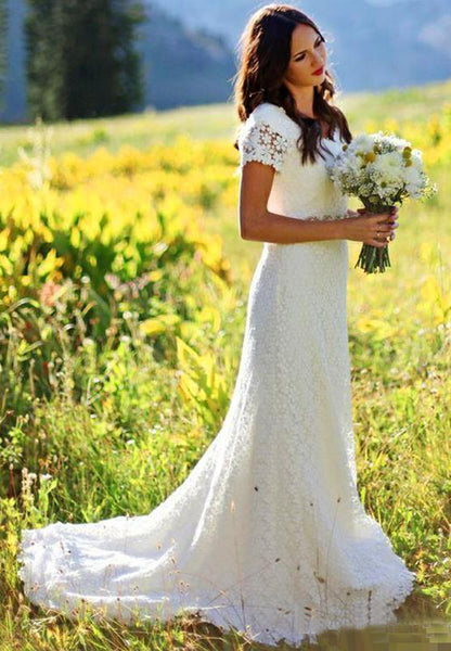 Vintage Country Modest Cap Sleeve Bohemian Crochet Lace A-line Wedding Dress with Beaded Belt-715367