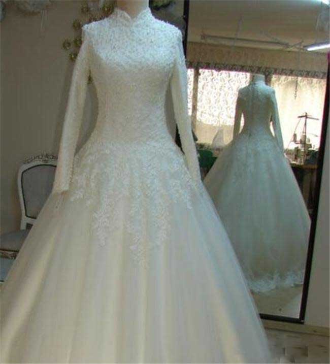 Vintage Beaded Lace High Neck Wedding Dresses with Long Sleeves-715373