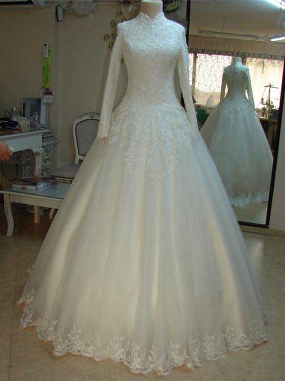 Vintage Beaded Lace High Neck Wedding Dresses with Long Sleeves-715373 –  DorrisDress
