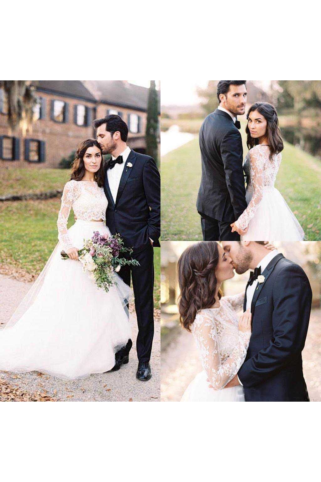 Two Pieces Long Sleeves Lace Bohemian Modest Wedding Dress-715375