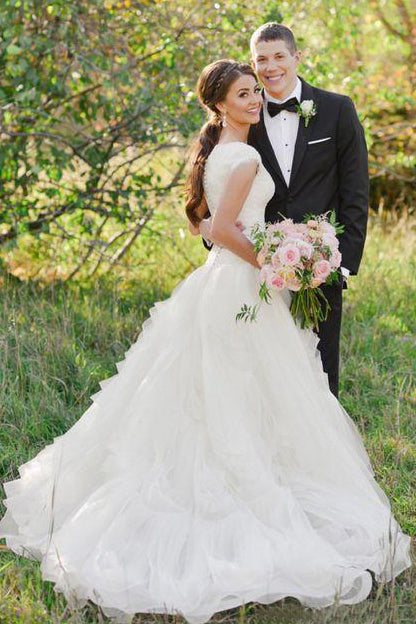 Sexy V-neck A-line Lace Organza Wedding Dress with Cap Sleeves-715379 –  DorrisDress