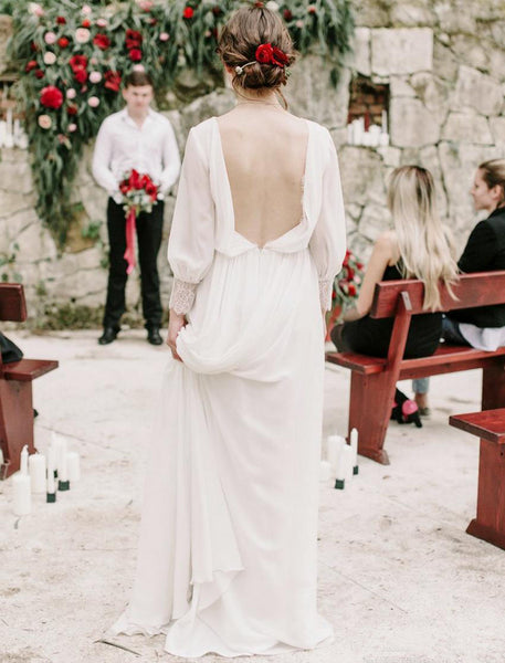 Puffy Long Sleeve Greek Sexy Backless Chiffon Beach Bridal Gown-715391