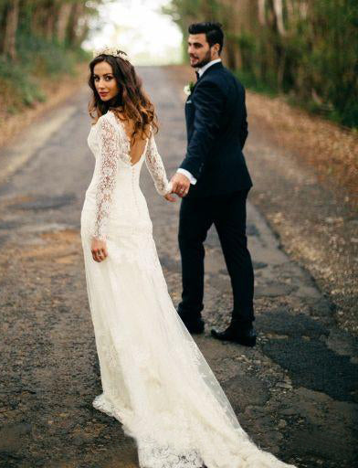 Romantic Bohemian Long Sleeves Sexy Deep V Neck Backless Lace Wedding Dress-715398