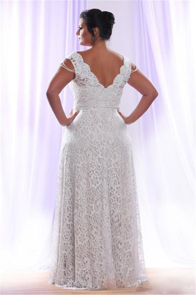 Removable Long Sleeves V Neck Floor Length A Line Lace Plus Size Wedding Dress-715402