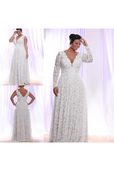 Removable Long Sleeves V Neck Floor Length A Line Lace Plus Size Wedding Dress-715402
