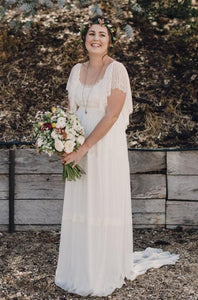 Bohemian Plus Size Lace Short Sleeves Scoop Open Back Wedding Dress-715419