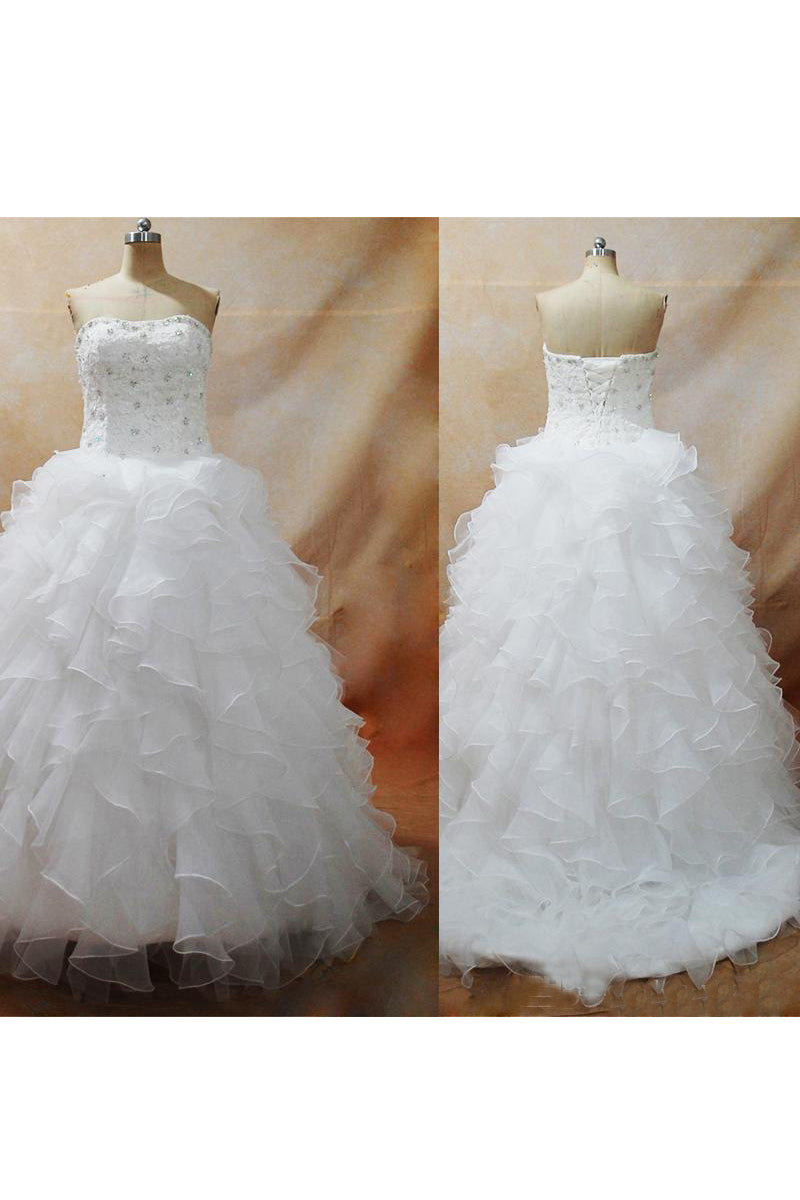 Elegant Organza Sexy Lace up Back Appliques Beaded Ruffles Floor Length Bridal Dress-715425
