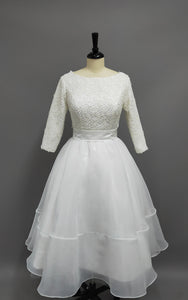 Plus Size Tea Length Lace and Organza Wedding Dresses with 3-4 Long Sleeves-Z715428