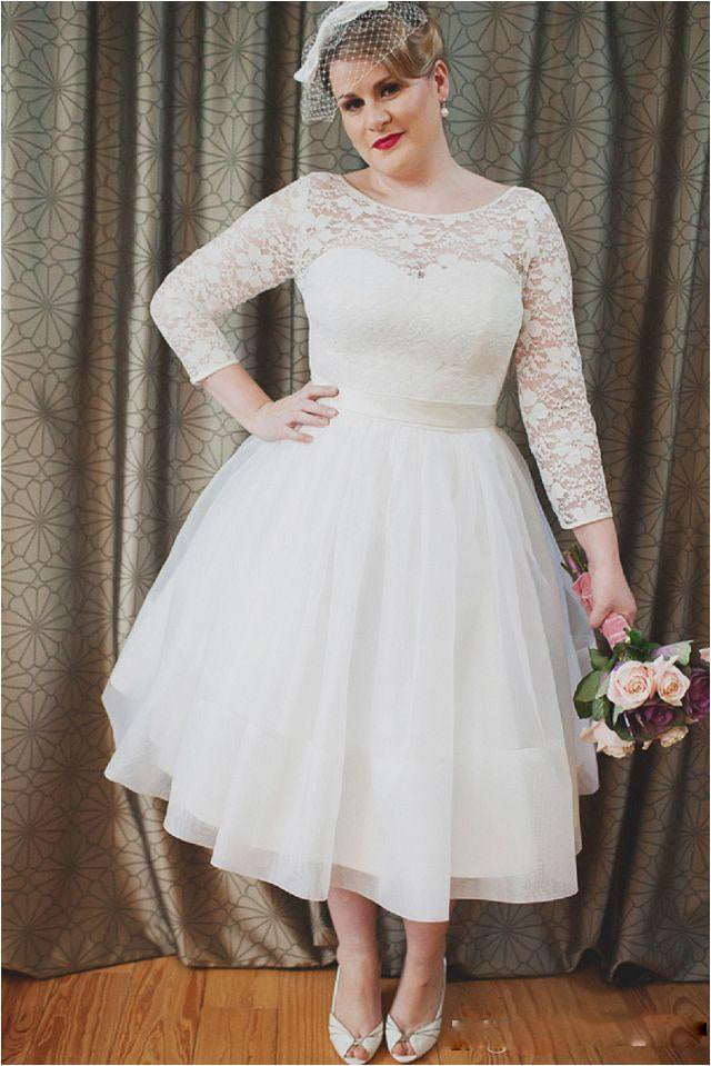 Plus Size Vintage Style Scoop Neckline 3-4 Long Sleeve Lace Tea Length Bridal Gown-715430