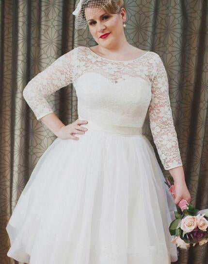 Plus Size Vintage Style Scoop Neckline 3-4 Long Sleeve Lace Tea Length Bridal Gown-715430
