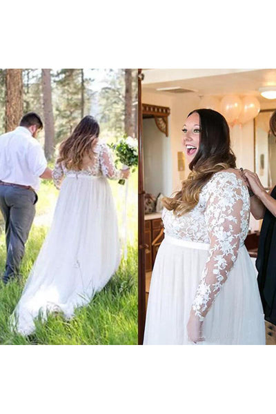Sexy Plus Size Long Sleeve V Neck Illusion Back Bridal Gown-715439