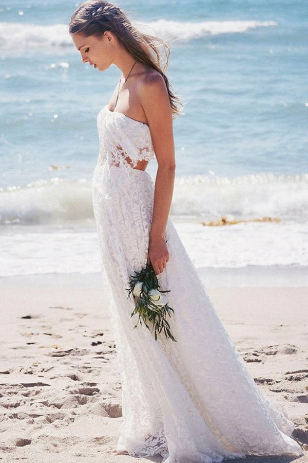 Two Piece Strapless Floor-length Lace Beach Boho Wedding Dress Wedding – DorrisDress