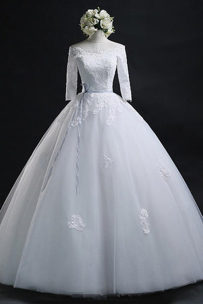 Scoop Ball Gown Bateau Long Tulle Wedding Dress With Lace-715482