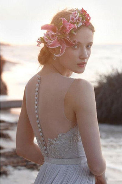 Illusion Neckline Sheer Back Beach Lace Chiffon Wedding Dress-715484