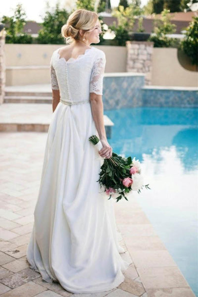 Lace A-line Beading Ivory Half Sleeve Wedding Dress-715494