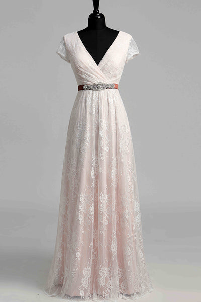 A Line Beach Cap Short Sleeve Wedding Dress-715559
