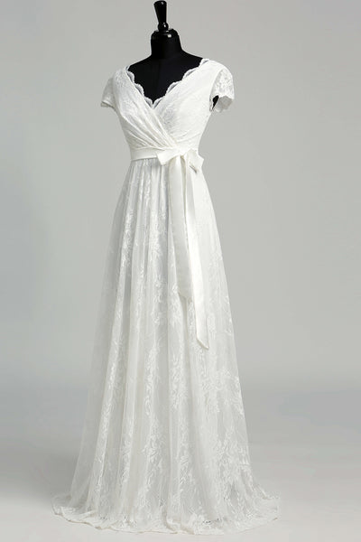A Line Garden Cap Short Sleeve Wedding Dress-715560
