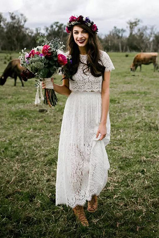 Jewel T-shirt Short Sleeve Ankle-length Lace A-Line Sheath Wedding Dre – DorrisDress