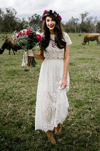 Jewel T-shirt Short Sleeve Ankle-length Lace A-Line Sheath Wedding Dress-715575