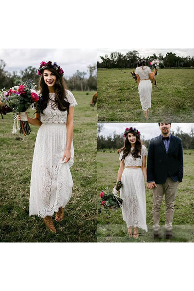 Jewel T-shirt Short Sleeve Ankle-length Lace A-Line Sheath Wedding Dress-715575
