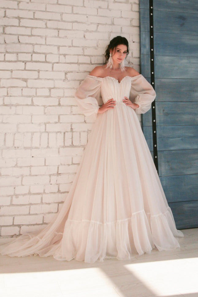 Appliqued Elegant Chiffon Sweetheart Wedding Dress With Long Off-Shoul   DorrisDress