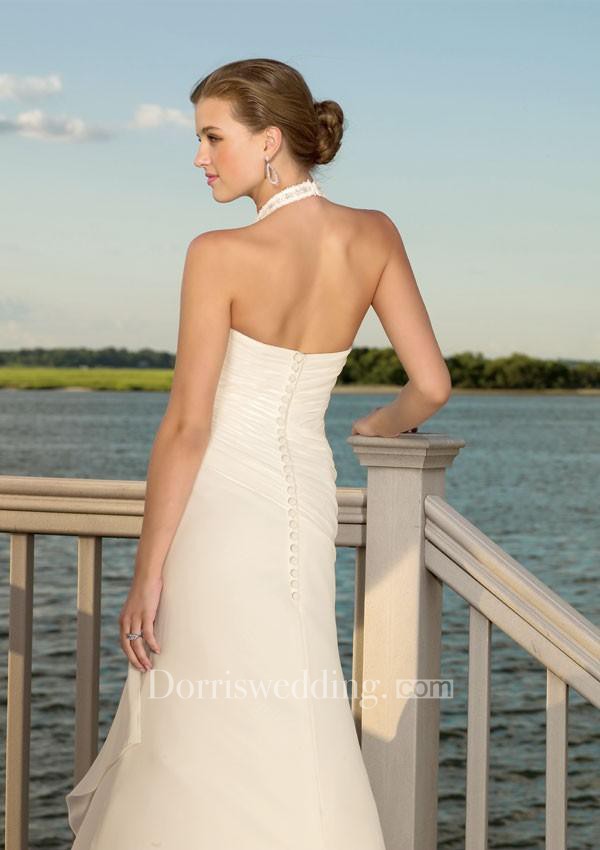 halter chiffon beach wedding dress A-Line Halter Backless Light Pink Chiffon Beach Wedding Dress TN253 US12 / Pink