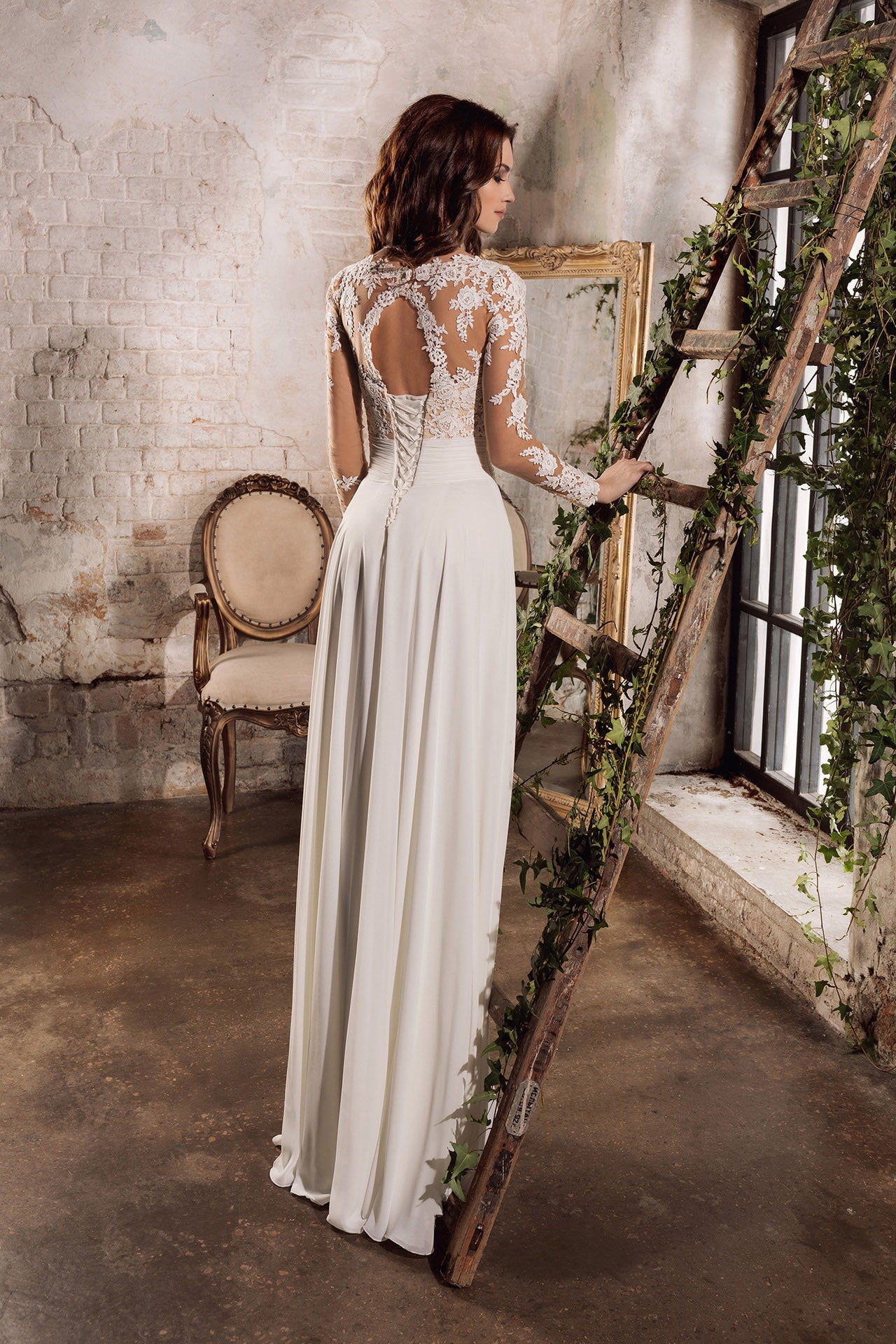 Chiffon and Lace Bodice V-neck Wedding Dress with Keyhole Back and Sid DorrisDress Chiffon and Lace Bodice V-neck Wedding Dress with Keyhole Back and Sid DorrisDress